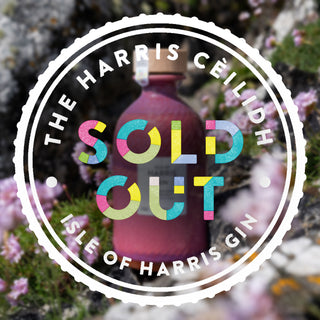 Image with text saying 'The Harris Ceilidh / Sold Out / Isle of Harris Gin'. In the background is a pink bottle of gin surrounded by wildflowers.